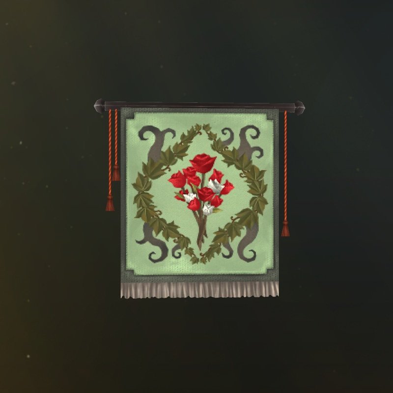 Un tapiz bordado con hiedra verde, rosas rojas y zarzas alrededor de los bordes
