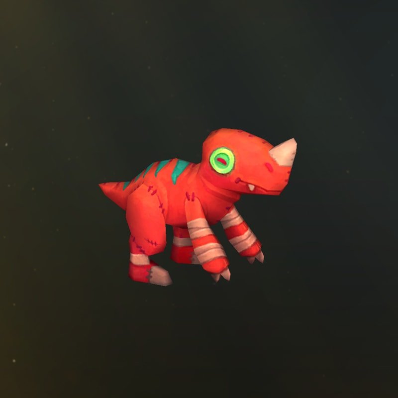 Un dinosaurio de peluche de color rojo, con botones verdes por ojos y rayas turquesa en la espalda