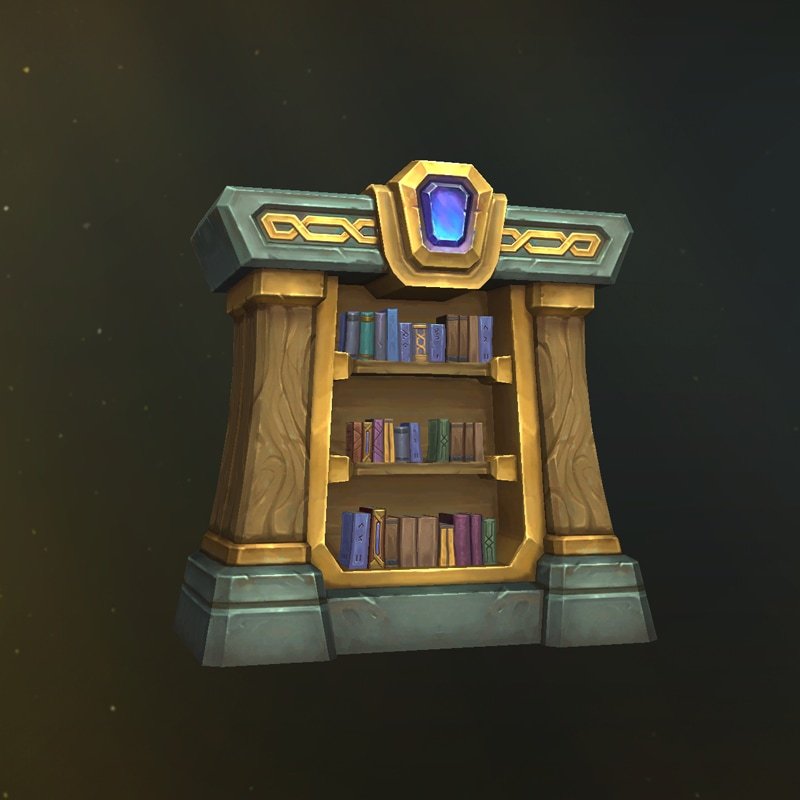 Estantería con adornos labrados en oro y gris azulado con libros y una enorme gema azul en la parte superior central de la cornisa