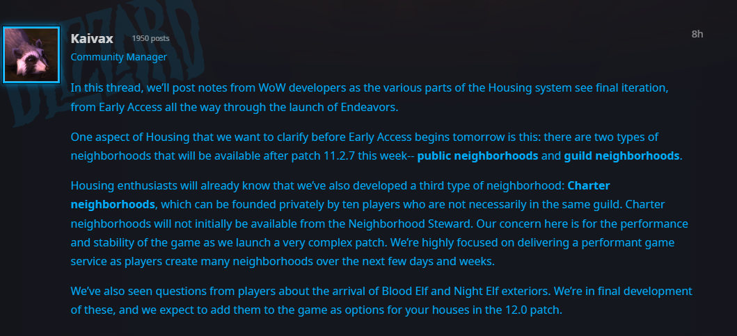 Blizzard detalla los tipos de vecindarios del Housing: públicos y de hermandad desde el parche 11.2.7, y exteriores elfos en 12.0
